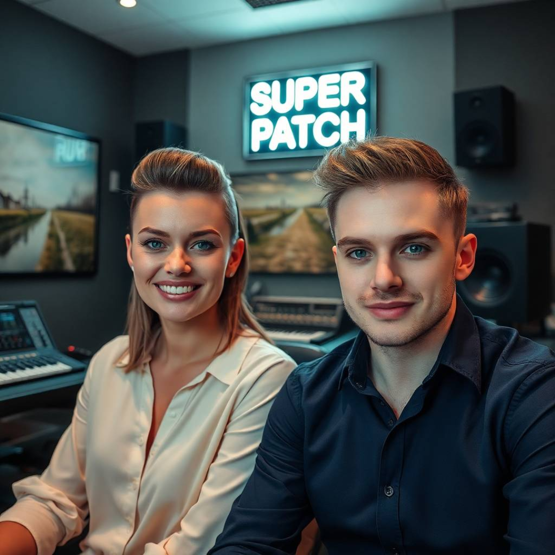 Netherlands. In a modern living room, a man and a woman in their thirties, both looking stylish and energetic, are chatting animatedly, while a “Super Patch” sign stands out in the background.