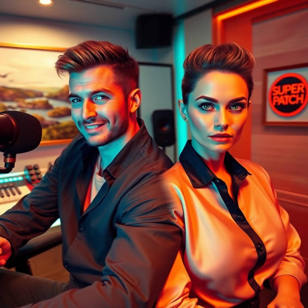 Poland. In a modern living room, a man and a woman in their thirties, both looking stylish and energetic, are chatting animatedly, while a “Super Patch” sign stands out in the background.