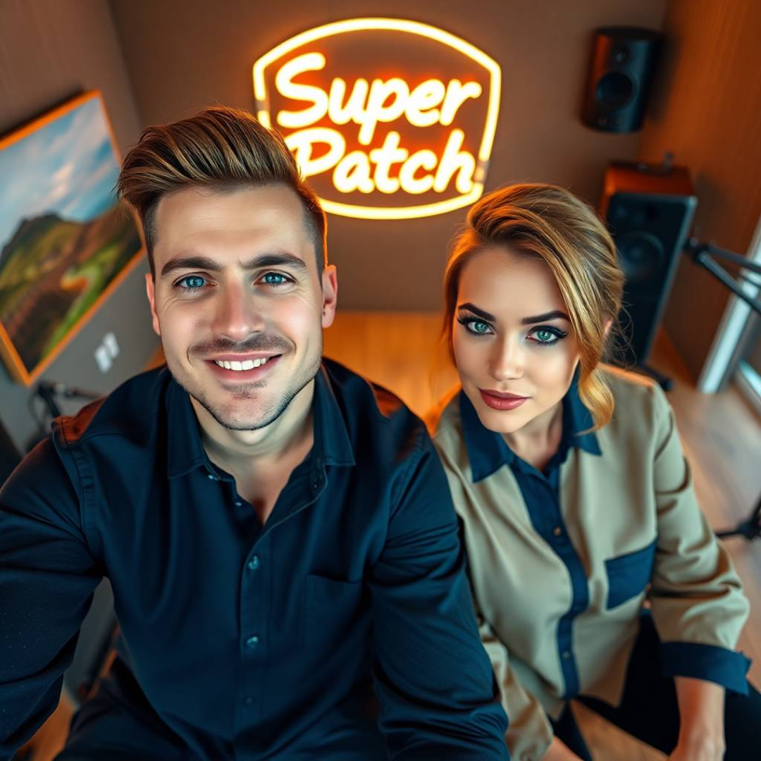 Portugal. In a modern living room, a man and a woman in their thirties, both looking stylish and energetic, are chatting animatedly, while a “Super Patch” sign stands out in the background.