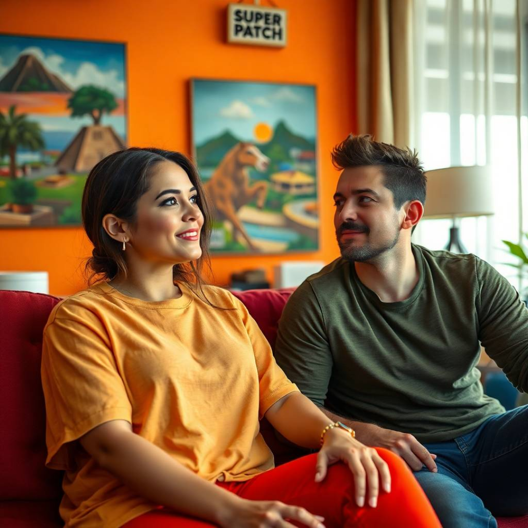 Puerto Rico. In a modern living room, a man and a woman in their thirties, both looking stylish and energetic, are chatting animatedly, while a “Super Patch” sign stands out in the background.