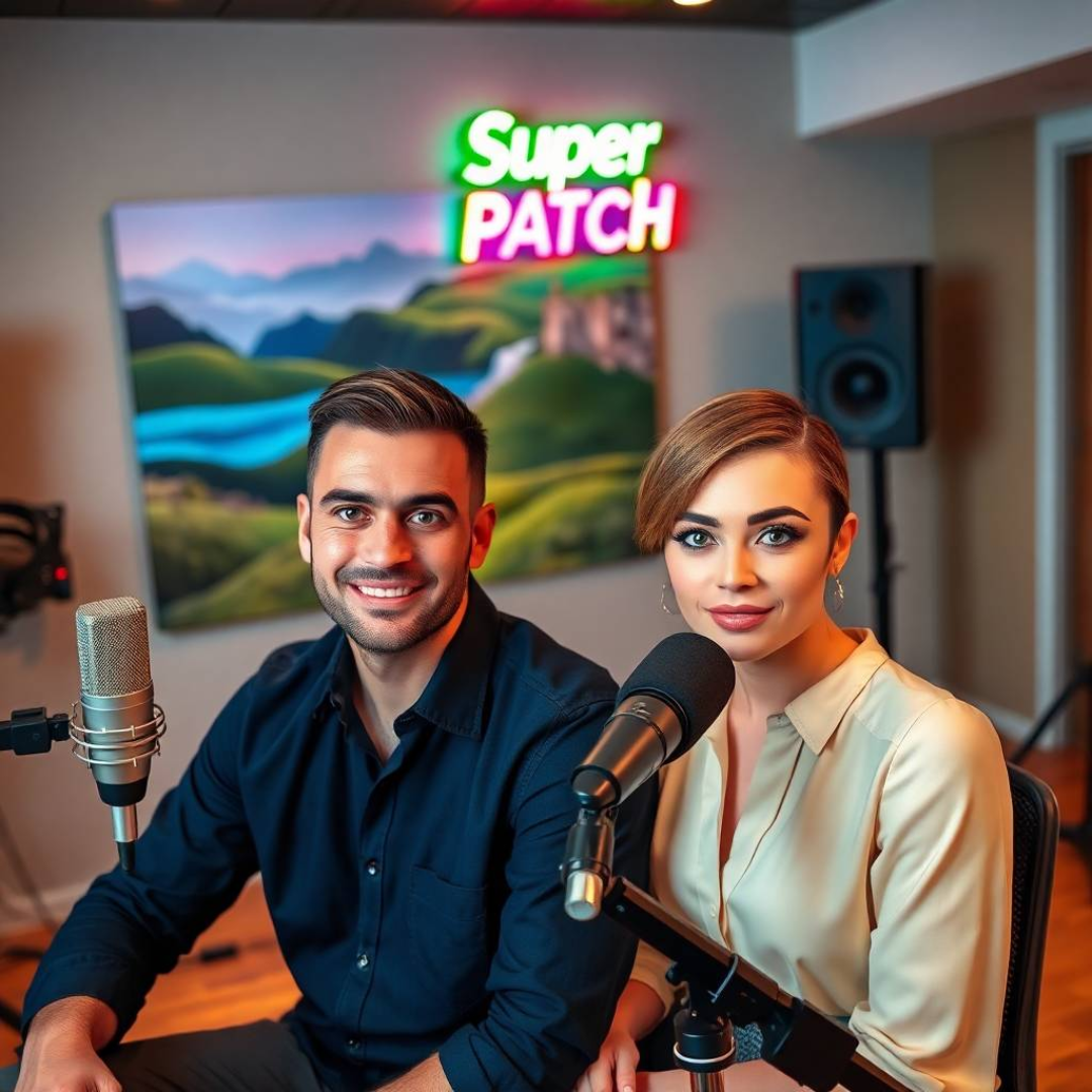 Romania. In a modern living room, a man and a woman in their thirties, both looking stylish and energetic, are chatting animatedly, while a “Super Patch” sign stands out in the background.