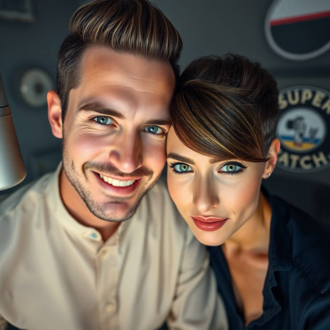 Slovakia. In a modern living room, a man and a woman in their thirties, both looking stylish and energetic, are chatting animatedly, while a “Super Patch” sign stands out in the background.