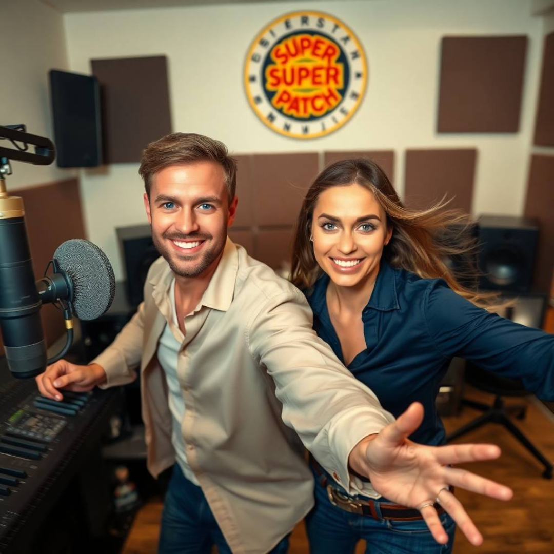 Spain. In a modern living room, a man and a woman in their thirties, both looking stylish and energetic, are chatting animatedly, while a “Super Patch” sign stands out in the background.