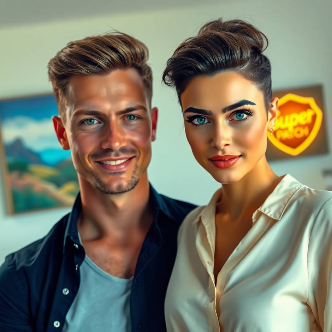 Spain. In a modern living room, a man and a woman in their thirties, both looking stylish and energetic, are chatting animatedly, while a “Super Patch” sign stands out in the background.