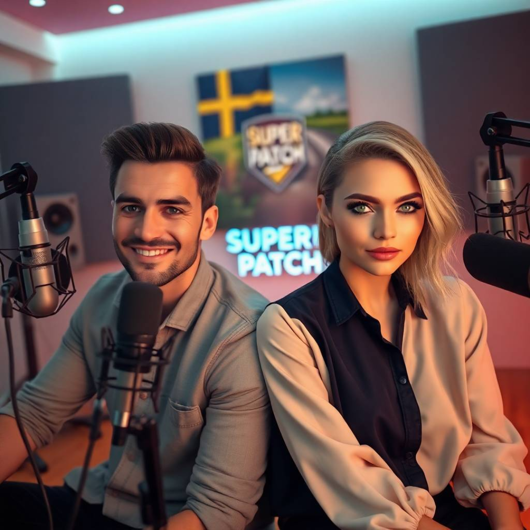 Sweden. In a modern living room, a man and a woman in their thirties, both looking stylish and energetic, are chatting animatedly, while a “Super Patch” sign stands out in the background.