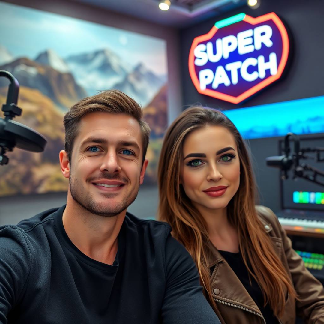 Switzerland. In a modern living room, a man and a woman in their thirties, both looking stylish and energetic, are chatting animatedly, while a “Super Patch” sign stands out in the background.