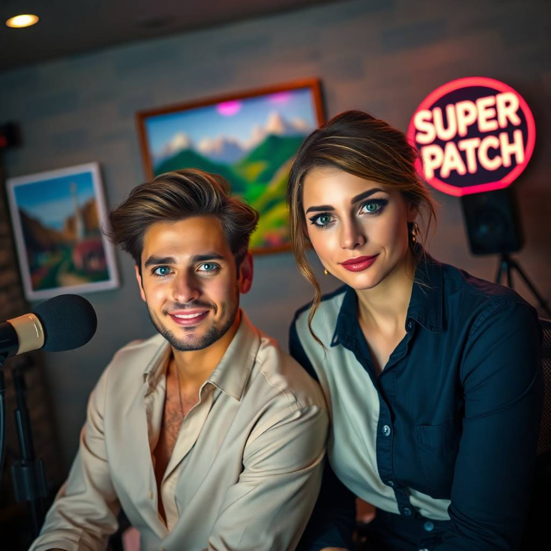 Turkey. In a modern living room, a man and a woman in their thirties, both looking stylish and energetic, are chatting animatedly, while a “Super Patch” sign stands out in the background.