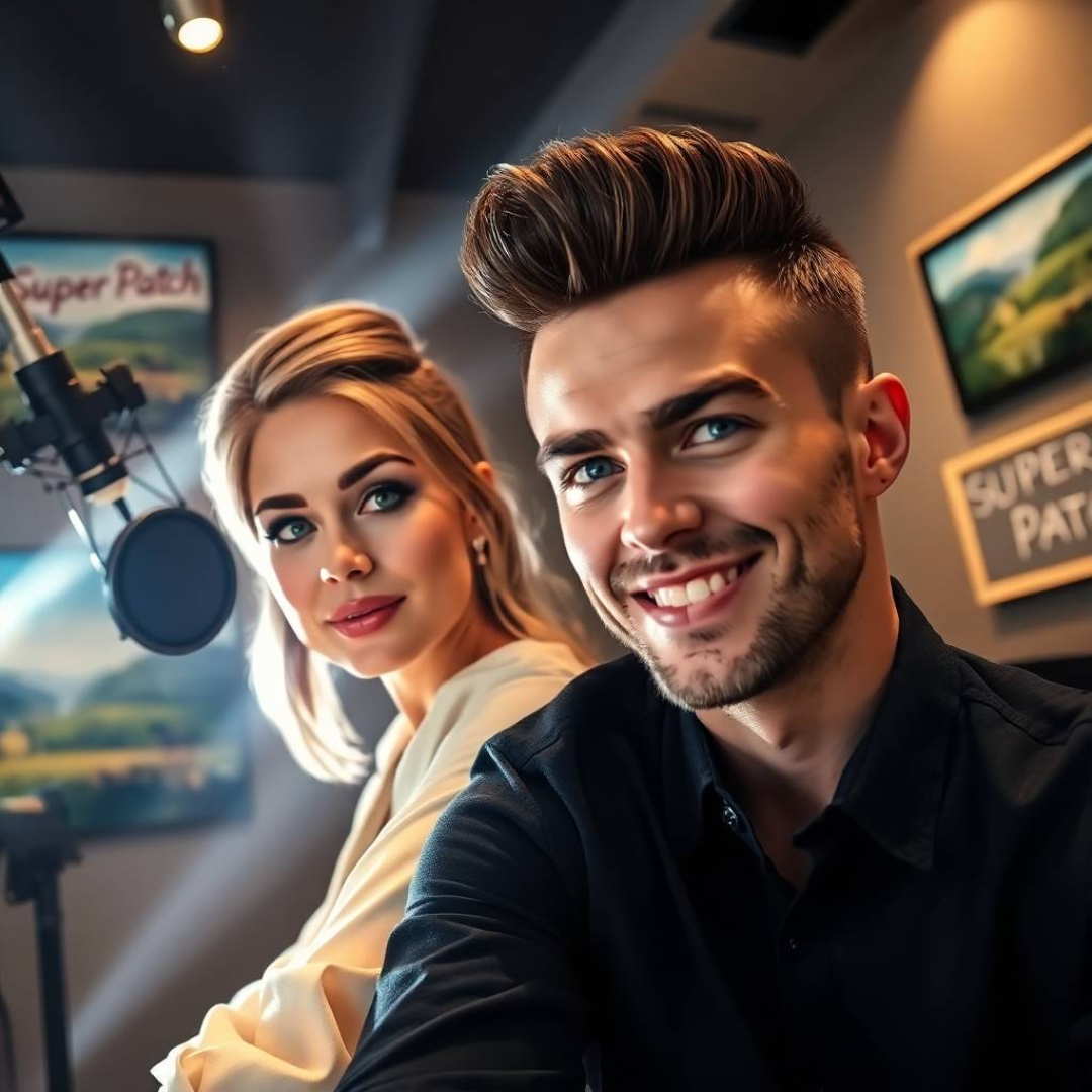 United Kingdom. In a modern living room, a man and a woman in their thirties, both looking stylish and energetic, are chatting animatedly, while a “Super Patch” sign stands out in the background.